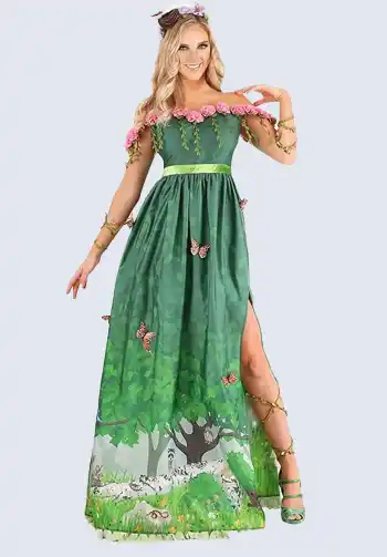  A detailed green dress featuring floral accents and intricate designs, ideal for a more elaborate Te Fiti Halloween outfit.