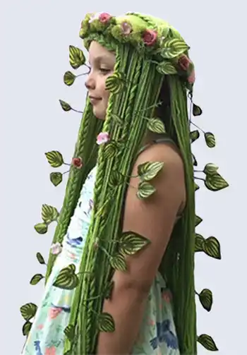 A vibrant green wig perfect for creating a Te Fiti look, ideal for a Moana-inspired Halloween costume.