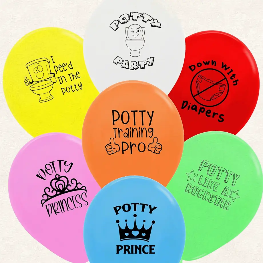 Colorful balloons with fun potty training phrases, ideal for Potty Training Rewards Ideas.