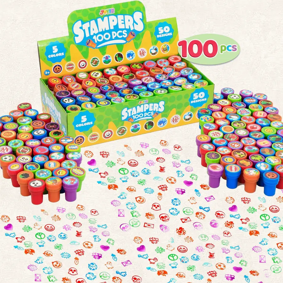 Box of 100 colorful stampers with multiple designs, ideal for Potty Training Rewards Ideas.