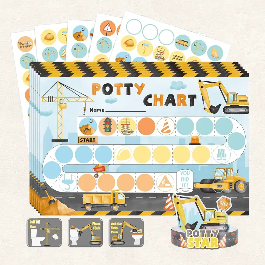 Construction-themed potty chart with stickers, designed to motivate children. Perfect for Potty Training Rewards Ideas.