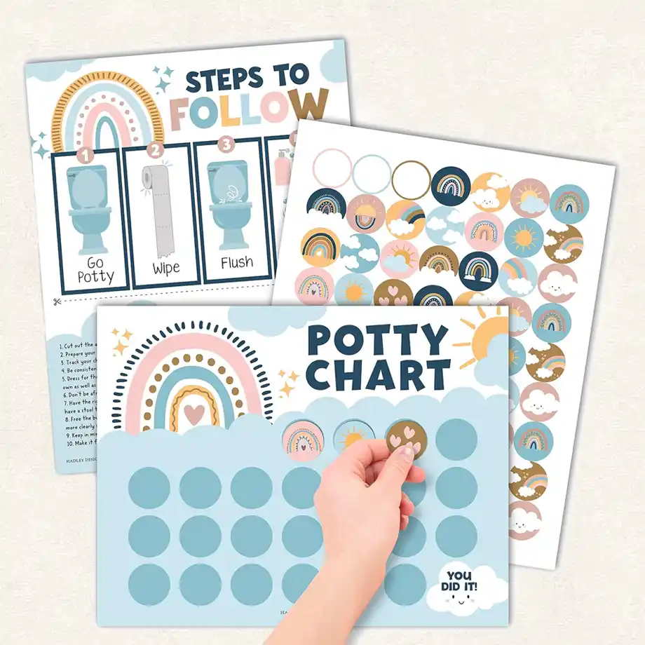 Rainbow-themed potty chart with stickers, encouraging potty training success. Great for Potty Training Rewards Ideas.