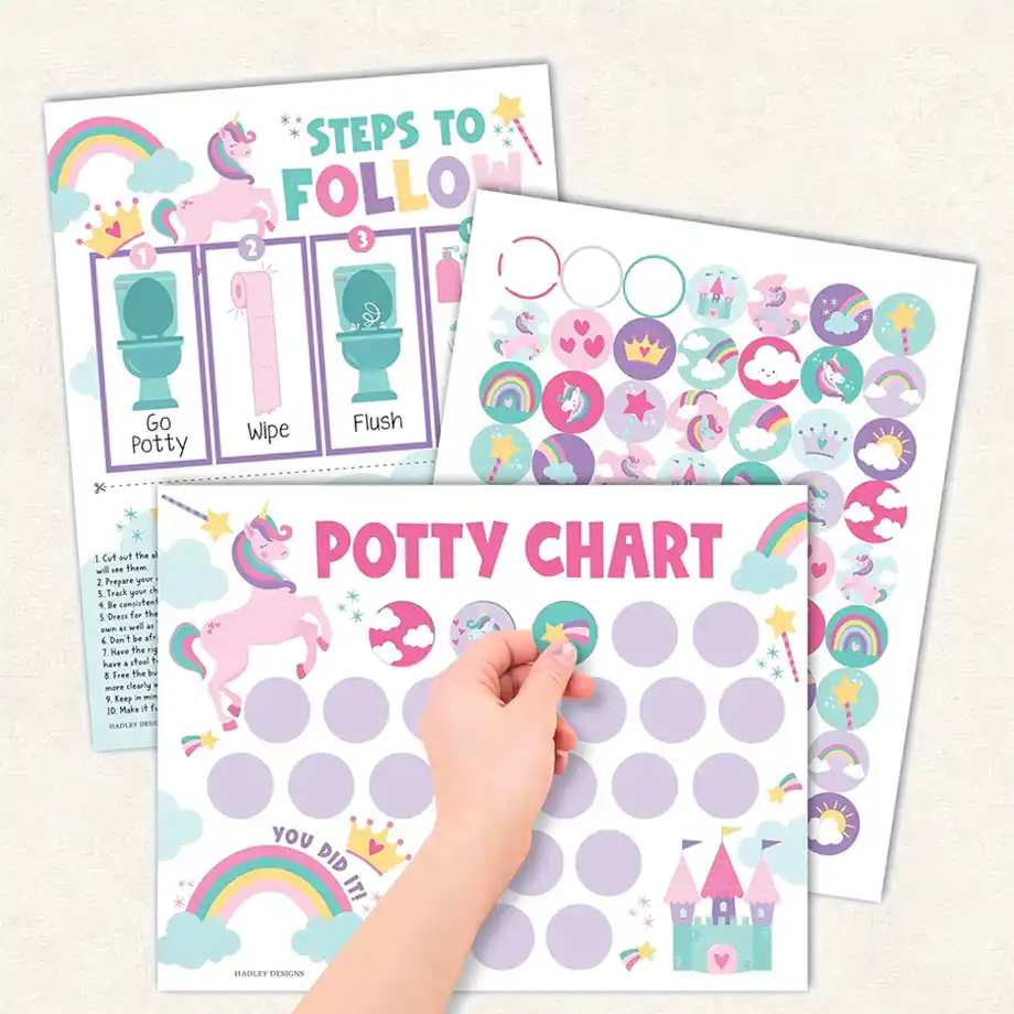 Unicorn-themed potty chart with colorful stickers, designed to make potty training fun. Perfect for Potty Training Rewards Ideas.