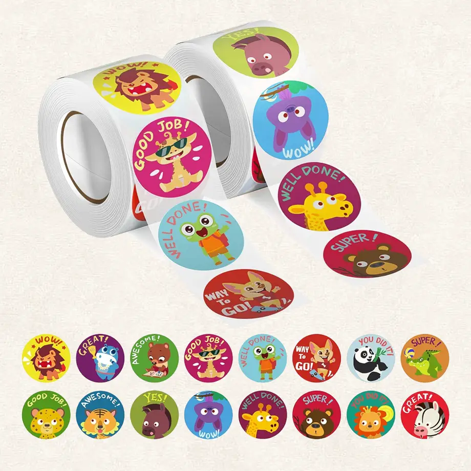 Rolls of colorful animal-themed stickers with motivational messages, perfect for Potty Training Rewards Ideas.