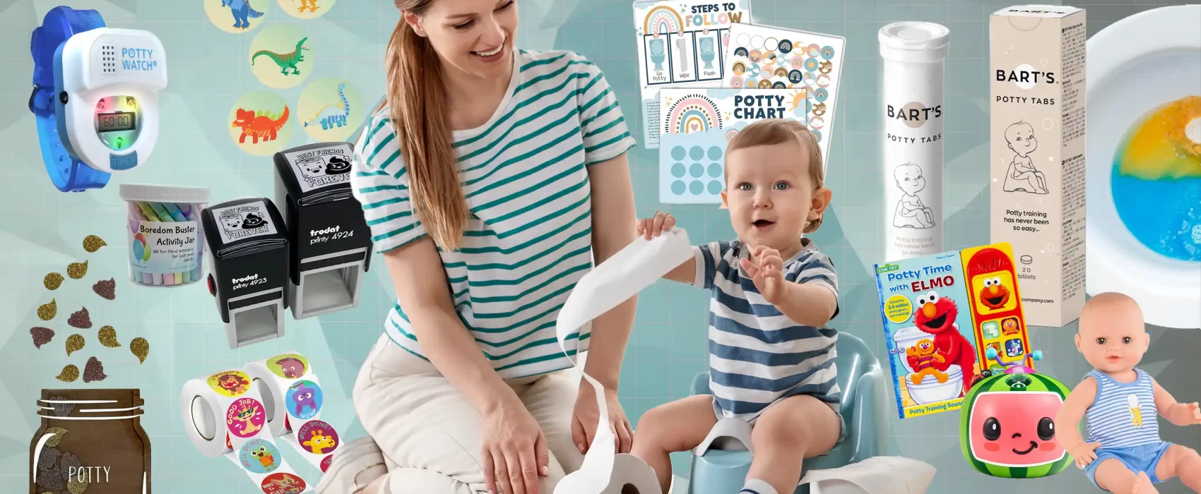 Mother and child engaging in potty training, surrounded by various Potty Training Rewards Ideas, including a potty watch, reward jar, stickers, and activity jar.