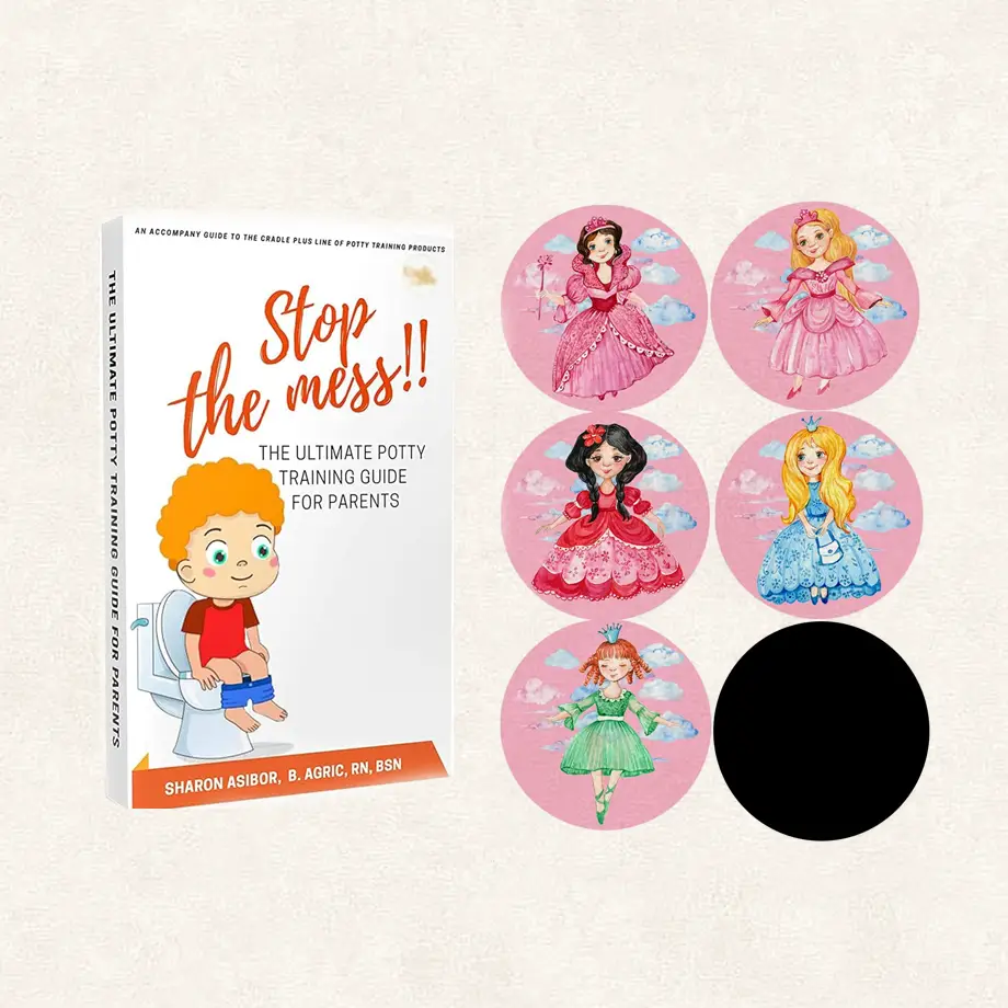 Princess-themed potty training stickers with "Stop the Mess" guide, perfect for Potty Training Rewards Ideas.