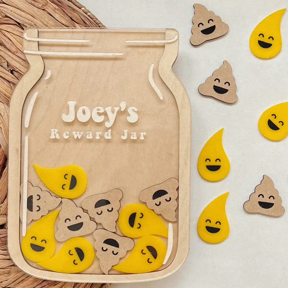 Customizable reward jar with playful poop and smiley face tokens, ideal for Potty Training Rewards Ideas.