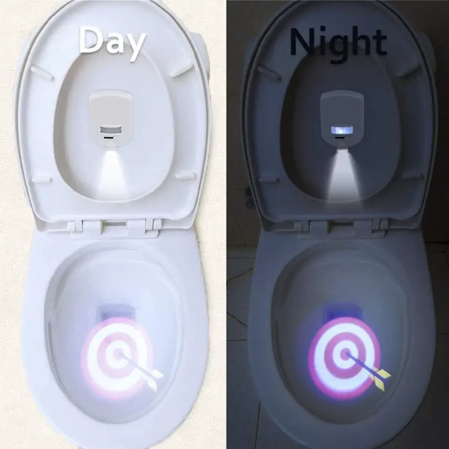 Day and night view of the Toddler Target light projector, showing an illuminated target, perfect for Potty Training Rewards Ideas.