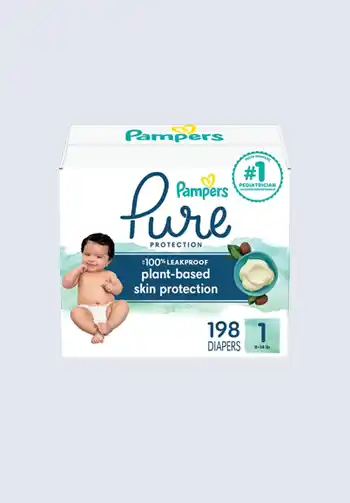 A box of Pampers Pure Protection diapers featuring plant-based skin protection, size 1, containing 198 diapers, perfect for your diaper bag.