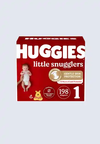 A box of Huggies Little Snugglers diapers designed for gentle skin protection, size 1, containing 198 diapers, ideal for packing in your diaper bag.