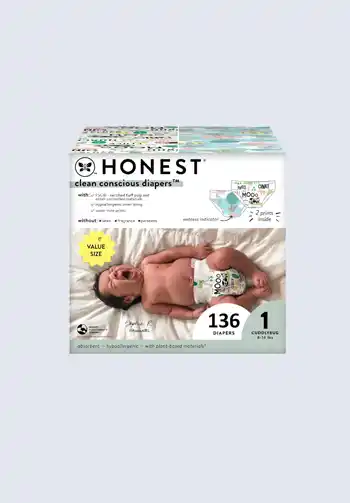 A box of The Honest Company Clean Conscious diapers with sustainable materials, size 1, containing 136 diapers, great for your diaper bag.