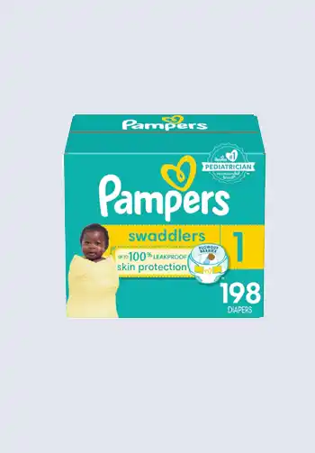 A box of Pampers Swaddlers diapers offering 100% leakproof skin protection, size 1, containing 198 diapers, a must-have for your diaper bag.