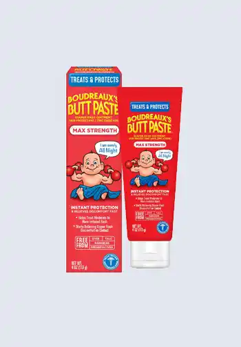 A set of Boudreaux's Butt Paste Diaper Rash Cream in original and maximum strength formulas, essential for treating and preventing diaper rash, ideal for your diaper bag.