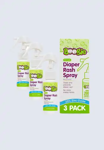 A 3-pack of Boogie Bottoms Diaper Rash Spray, providing a convenient and mess-free way to apply diaper rash protection, great for your diaper bag.