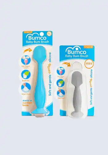 A set of Bumco Baby Bum Brushes, including the original and mini sizes, designed for easy application of diaper rash cream, perfect for your diaper bag.