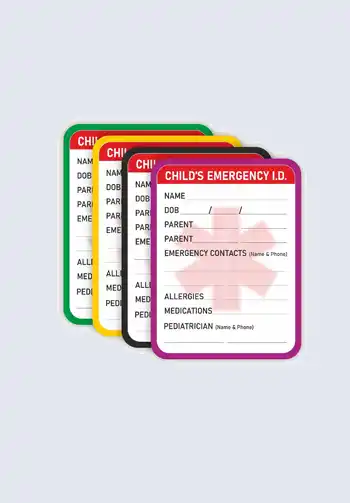 A set of Child's Emergency I.D. cards in various colors, perfect for keeping important medical and contact information accessible in your diaper bag.