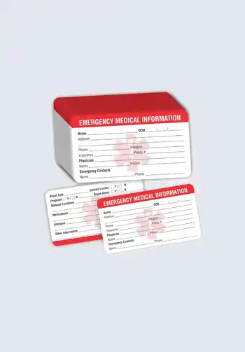 A set of emergency medical information cards in a red holder, designed for easy storage and quick reference in case of an emergency, essential for your diaper bag.