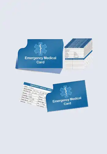 A set of blue emergency medical cards, perfect for storing critical contact and medical information in your diaper bag for quick access during emergencies.