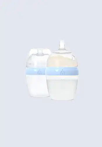 A set of Mimijumi breastfeeding baby bottles, designed to mimic the breast for easy transitioning between breast and bottle, essential for your diaper bag.