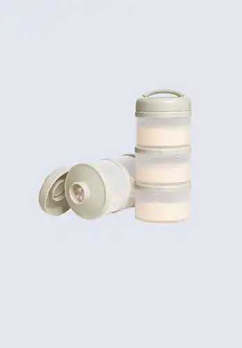 A set of stackable formula dispensers, perfect for pre-measuring and storing formula powder for easy feeding on the go, ideal for your diaper bag.