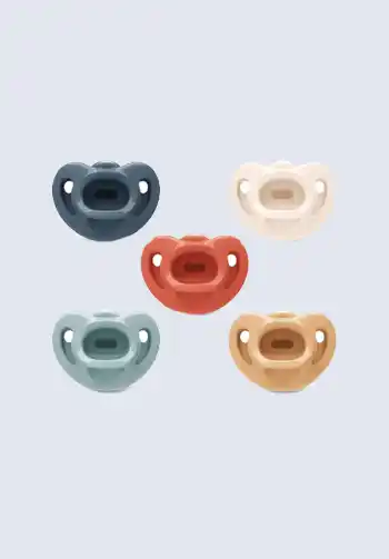 A set of colorful pacifiers in shades of blue, gray, rust, and beige, perfect for providing comfort and soothing on the go, great for your diaper bag.