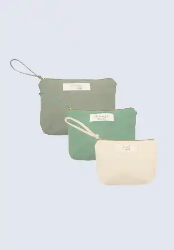 A set of three organizing pouches in green and beige, perfect for keeping smaller items organized and easily accessible in your diaper bag.