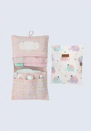 A portable diaper changing kit with multiple compartments and a cute animal print, ideal for storing diapers, wipes, and creams in your diaper bag.