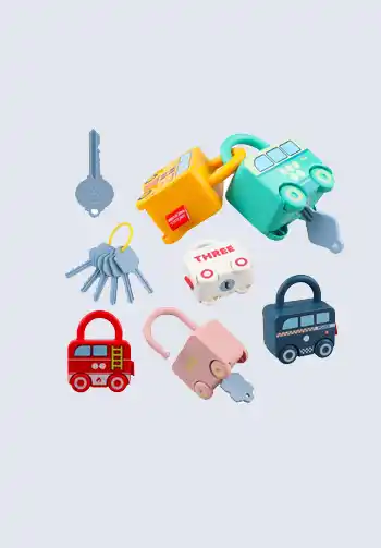 A set of toy keys and cars, including various colors and designs, perfect for keeping your baby entertained and engaged during outings, great for your diaper bag.