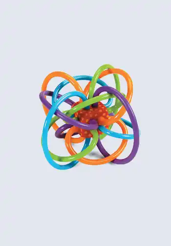 A multicolor rattle and teething toy with interwoven loops, great for stimulating and comforting your baby while out and about, perfect for your diaper bag.