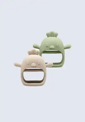 A set of silicone teething toys in green and beige, designed to soothe and comfort your baby's gums, ideal for your diaper bag.