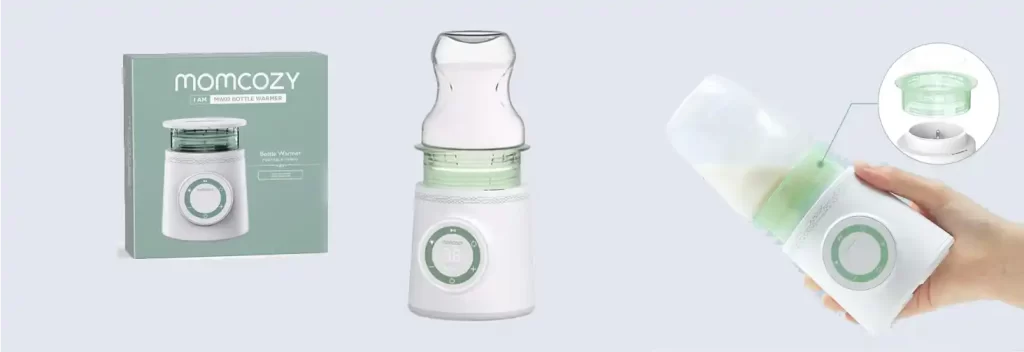 A Momcozy portable bottle warmer, shown in its packaging, standalone, and in use warming a bottle, perfect for heating baby bottles on the go, making it an essential addition to your diaper bag.