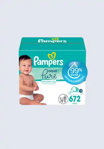 A box of Pampers Aqua Pure wipes, featuring 99% water-based formula, hypoallergenic, and containing 672 wipes, perfect for your diaper bag.