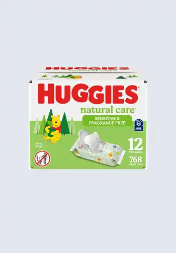 A box of Huggies Natural Care wipes, sensitive and fragrance-free, with 12 packs totaling 768 wipes, ideal for keeping in your diaper bag.