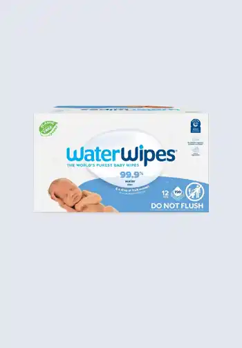 A box of WaterWipes baby wipes, made with 99.9% water and a drop of fruit extract, containing 12 packs, perfect for sensitive skin in your diaper bag.