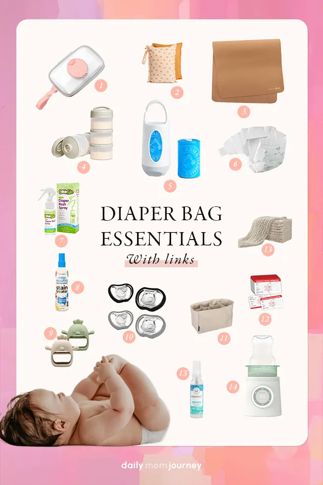 An infographic showing essential items to pack in a diaper bag, including wipes, diapers, changing pad, and other baby care items, with a baby lying at the bottom. The text "Diaper Bag Essentials with links" is overlayed.