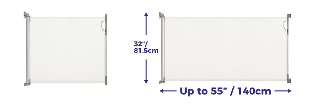 Dimensions of the Dreambaby Indoor/Outdoor Retractable Gate, showcasing its versatility. The gate stands at 32 inches (81.5 cm) tall and extends up to 55 inches (140 cm) wide. This childproof gate is ideal for babyproofing your home, providing a reliable barrier for both indoor and outdoor use. Perfect for ensuring staircase safety and creating childproof spaces, this best safety gate adapts to various openings, offering peace of mind for parents.