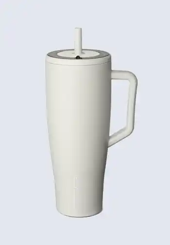 A white Iron Flask tumbler with a straw, perfect for keeping drinks cold or hot, essential for a hospital bag for labor to maintain hydration.