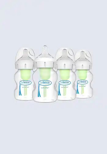 A set of Dr. Brown's anti-colic baby bottles, featuring a vent system to reduce colic, ideal for keeping in your diaper bag.