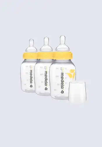 A set of Medela breast milk bottles, designed for storing and feeding breast milk, essential for your diaper bag.