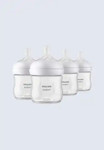 A set of Philips Avent Natural baby bottles, designed for easy latching and natural feeding, perfect for packing in your diaper bag.