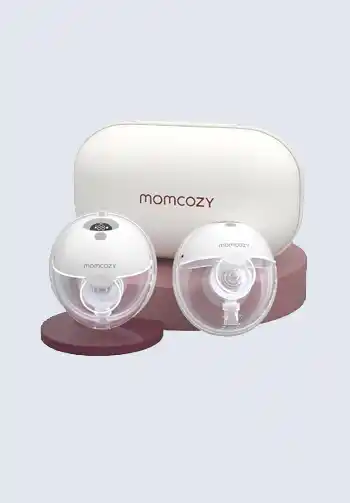 A set of Momcozy wearable breast pumps, offering hands-free convenience for breastfeeding mothers, a must-have for a hospital bag for mom.