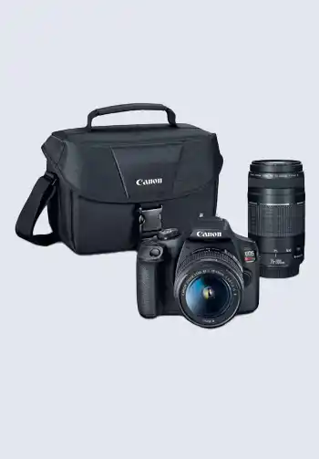 A Canon DSLR camera kit with lenses and a carrying case, ideal for high-quality photos of your baby's birth, an essential item for a hospital bag list for birth.