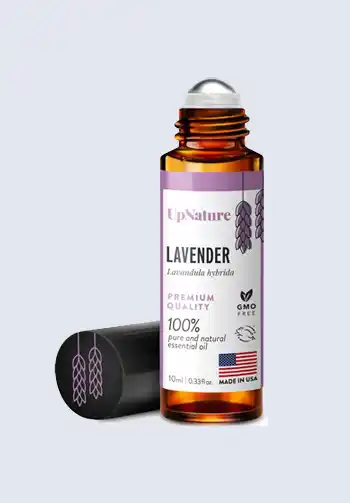 A bottle of UpNature lavender essential oil roll-on, ideal for relaxation and stress relief during labor, a must-have for a hospital bag for mom.