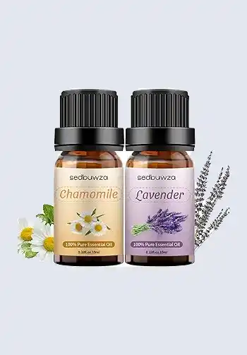 Bottles of chamomile and lavender essential oils, perfect for aromatherapy and relaxation, a necessary addition to a hospital bag for delivery list.