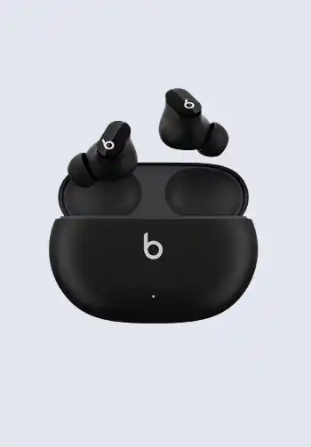 A pair of Beats Studio Buds in black, offering noise cancellation and comfortable fit, an essential item for a hospital bag list for birth to help relax during labor.