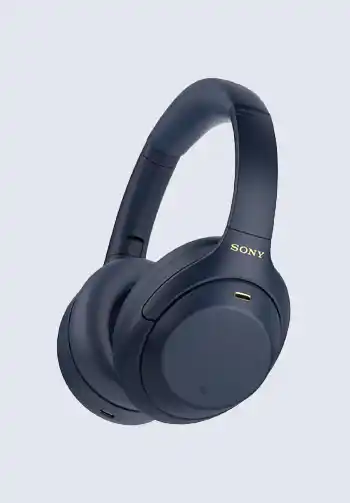 A pair of Sony WH-1000XM4 wireless noise-cancelling headphones in navy blue, perfect for providing peace and quiet during hospital stays, making them a necessary addition to a hospital bag for delivery list.