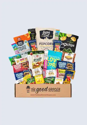 The Good Grocer snack box containing a selection of healthy snacks, ideal for keeping both mom and partner fueled during the hospital stay, making it a necessary addition to a hospital bag for delivery list.