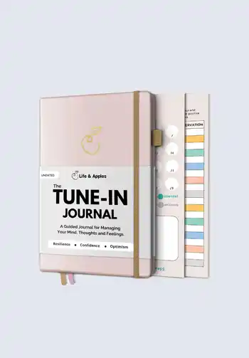 The "Tune-In Journal," a guided tool for navigating the emotional and physical changes of postpartum, helping new moms track their journey and self-care.