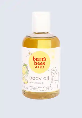  bottle of Burt's Bees Mama body oil, enriched with Vitamin E, perfect for soothing and moisturizing skin, an essential addition to a hospital bag list for birth.