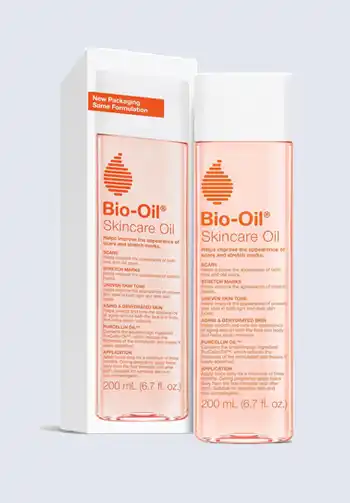 Two bottles of Bio-Oil Skincare oil, known for reducing scars and improving skin elasticity, ideal for including in a hospital bag for labor to maintain skin health.